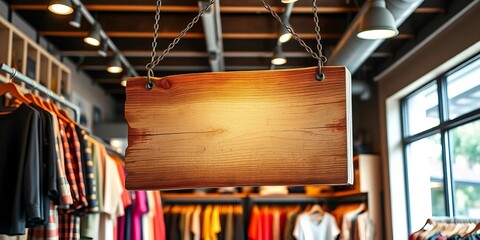 Rustic wooden signboard hanging from ceiling chains in clothing boutique , fixture, decor