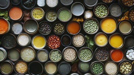 Assorted canned goods arranged in a grid pattern