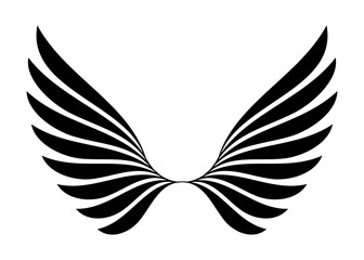 Fototapeta premium Stylized black wings with multiple layered feathers spread wide against a clean white background