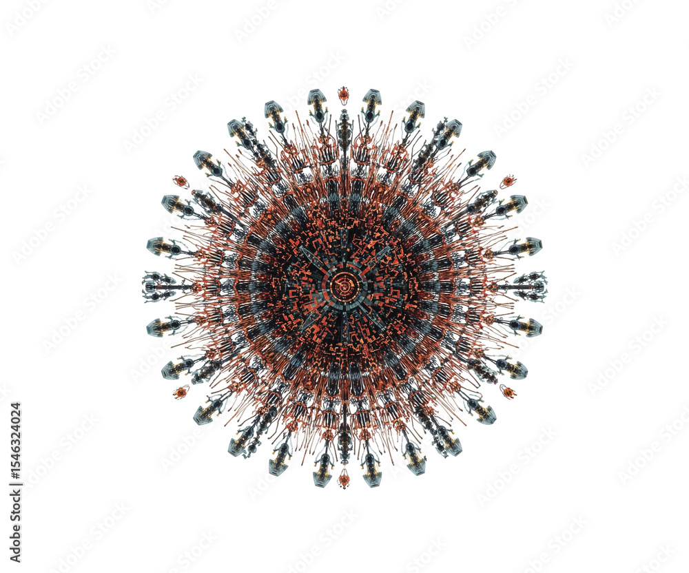 Poster detailed image of a nanoharvester microbot cluster resembling a complex flower in a futuristic techn