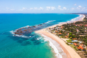 Aerial view of the beautiful Pontal do Cupe beach and its reefs in Pernambuco, Brazil.