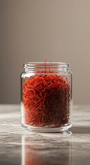 Saffron Threads in a Clear Glass Jar on Marble