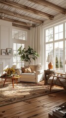Fototapeta premium Sun-drenched living room with exposed beams, cozy furniture, and a view