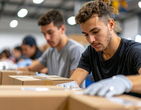 Professional documentary photography of volunteers sorting donations in warehouse, industrial lighting expertly balanced, sharp focus on teamwork, authentic community service moment