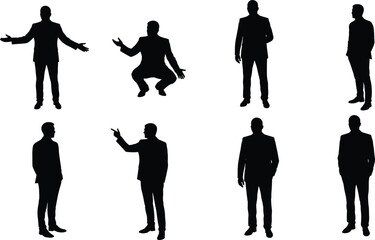 Businessman silhouette poses, professional corporate gesture set, standing and pointing man vector, formal suit posture collection, black illustration