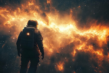 Astronaut gazes at a massive, vibrant nebula in the vastness of space, a cosmic display of glowing colors