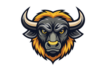 Fierce bison mascot with yellow eyes and a golden nose ring stares menacingly