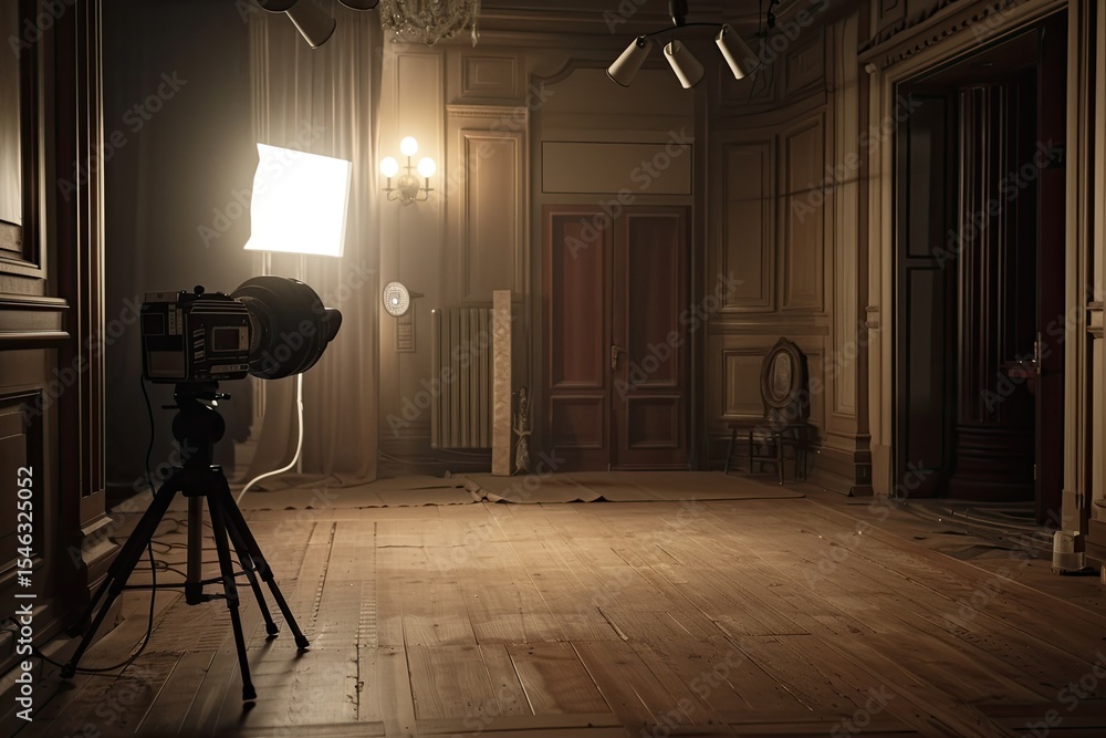 Poster vibrant color image of a room with a light on and a camera on the left
