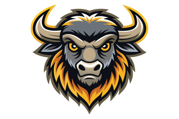 Buffalo head sports mascot reveals intimidating gaze with impressive horns and striking golden yellow accents
