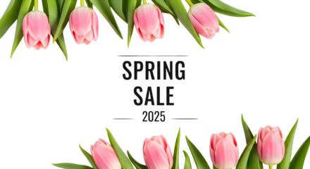 Pink tulips with spring sale banner isolated on transparent background