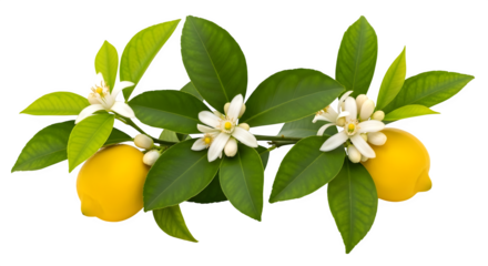 Lemon branch with blossoms 3d rendered isolated on transparent background
