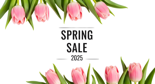 Pink tulips with spring sale banner isolated on transparent background