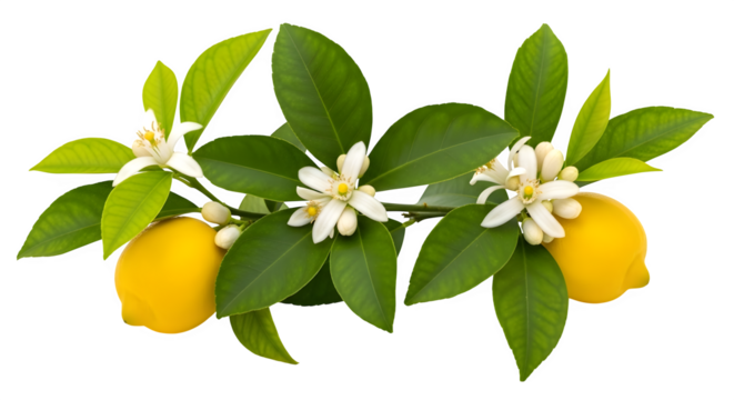 Lemon branch with blossoms 3d rendered isolated on transparent background