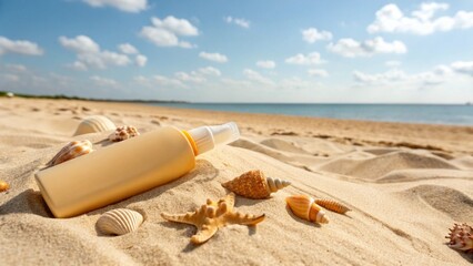 Close-up of a bottle of sunscreen on a sandy beach with seashells and a clear blue sky in the background