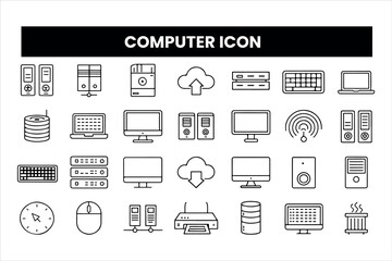 Set of  outline icons related to computer. Linear icon collection. Editable stroke. Vector illustration