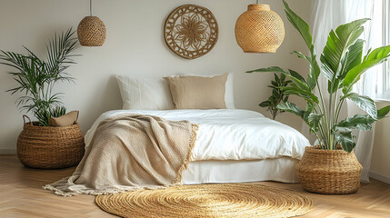 Bedroom interior with woven decor, plants, soft light, textures, and natural materials in a tranquil setting