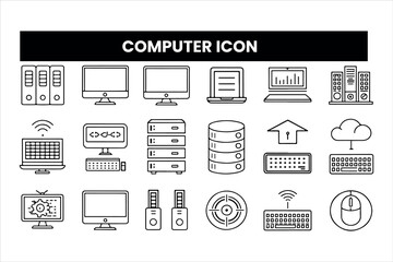 Set of  outline icons related to computer. Linear icon collection. Editable stroke. Vector illustration