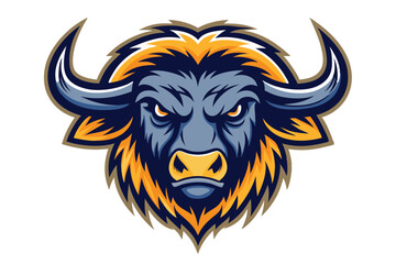 The fierce bull's head shows vibrant colors and intense eyes on a white background