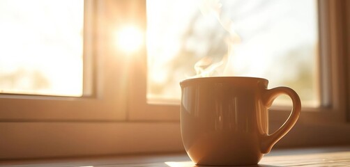 Fototapeta premium Steam rising from a ceramic mug of coffee, sunlight through a window, peaceful scene, meditation, shadow