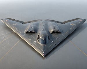 "3D Render of B-2 Stealth Bomber Hovering Over Neutral Gray Background &ndash; Center-Aligned Military Tech Showcase"