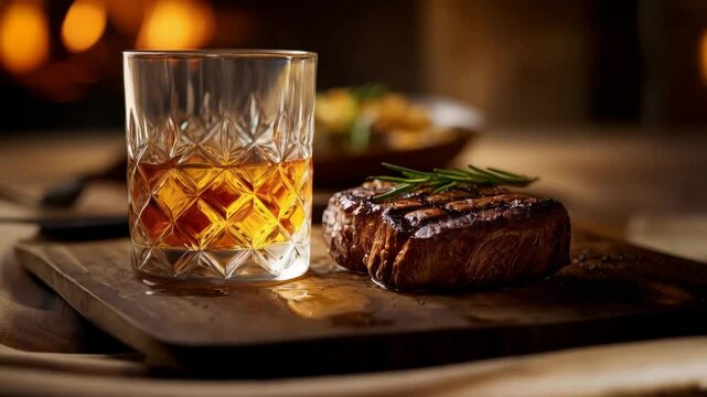Enjoying a perfectly grilled steak paired with whiskey in a cozy dining setting