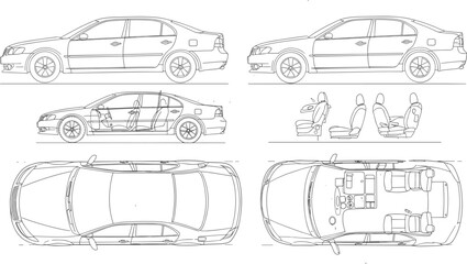 Car blueprint vector illustration, sedan technical drawing, interior and exterior layout, side and top view diagram, automotive engineering design, vehicle plan schematic for design use
