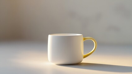 New image: Trending image: White ceramic mug with yellow handle, minimalist background, soft light