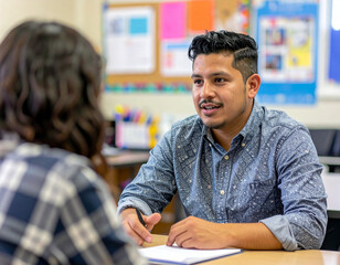 
High-quality documentary photo of school counselor meeting with student in office, warm educational environment lighting, authentic supportive conversation, professional school setting