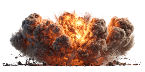 Massive explosion with fire and smoke isolated on black background
