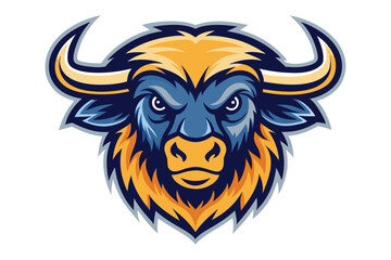 Blue cartoon bull mascot stares forward intensely with yellow fur isolated on white