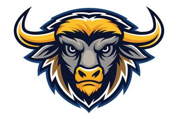 Detailed bull mascot design features gold fur and intimidating stare on a white background