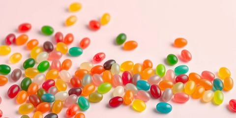 Vibrant jelly beans scattered on a pastel background,  food styling,  candy shop