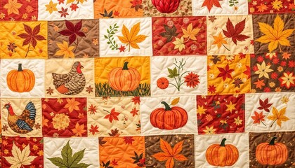 Colorful patchwork quilt with autumn leaves and pumpkins design  
