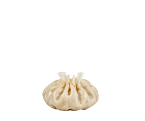 Exquisite close-up of a single soup dumpling with delicate steam bursts on a table, revealing the artistry and flavor within