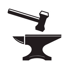 Black Silhouette of Anvil and Hammer on White Background Isolated Metalwork Tool Icon Graphic Design Element