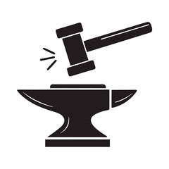 Black Silhouette of Hammer Striking Anvil Isolated on White Background Simple Icon Design for Metalworking Craftsmanship