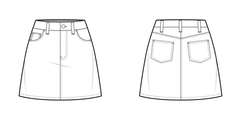 Five Pocket Semi Flared Denim Skirt- Mini skirt Front and Back View- Fashion Technical Illustration- Vector Cad Mock-up 