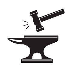 Black Silhouette of Hammer Striking Anvil Isolated on White Background Simple Metalwork Icon Graphic Design Element