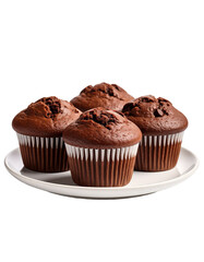 Three Chocolate Muffins with Choco Chips on White Plate &ndash; Front View