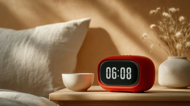 Red digital alarm clock on a bedside table,morning light,minimalist interior design