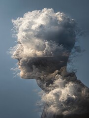 Fototapeta premium Surreal cloud man portrait. Dreamy, atmospheric, conceptual art. Ideal for websites, social media, and advertising.