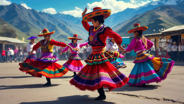 Traditional peruvian dancers in colorful costumes perform against majestic mountain backdrop during festival celebration