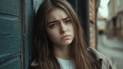 Fototapeta premium Contemplative Teenage Girl in Urban Setting, Battling Anxiety and Reflecting on Daily Challenges