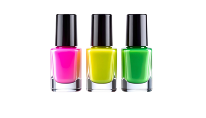 Set of Three Neon Nail Polish Bottles on Shiny Reflective Surface Against White Background
