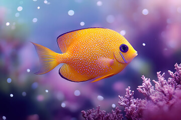 Bright yellow fish with blue spots swims among blurred pink coral and bokeh lights in an underwater scene