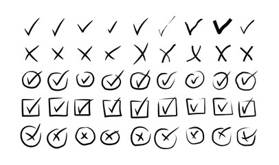 Check marks doodle set. Vote, yes, no, checkbox, checklist, tick and cross signs. Check tick mark icon set. Hand drawn doodle sketch style vector illustration
