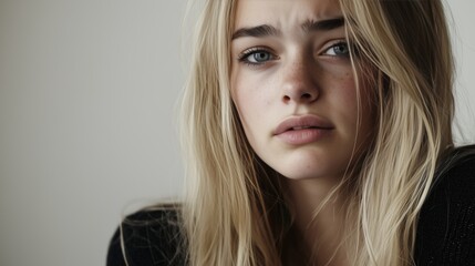 Captivating Portrait of a Young Woman with Blonde Hair, Expressing Deep Emotions