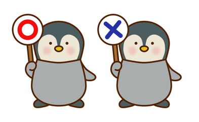 ○×札を持つペンギンのかわいい判定イラスト（ベクター）