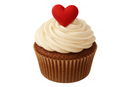 Single chocolate cupcake with vanilla frosting and a red heart on top, isolated on a transparent background