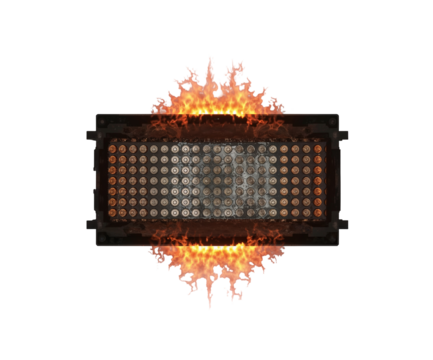 Fiery Demise A Burntout Power Cell Module Engulfed in Flames Isolated on a Seamless Plain White Canvas Depicting Destruction